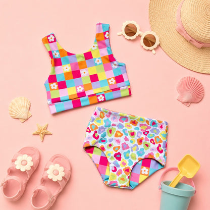 Neon Floral Cheetah Reversible 2 Piece Swimsuit