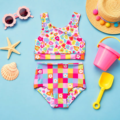 Neon Floral Cheetah Reversible 2 Piece Swimsuit