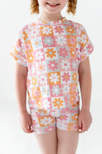 Retro Checkered Floral Ribbed Set